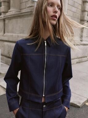 Zara Dark Blue Jean Jacket with Contrast Stitching